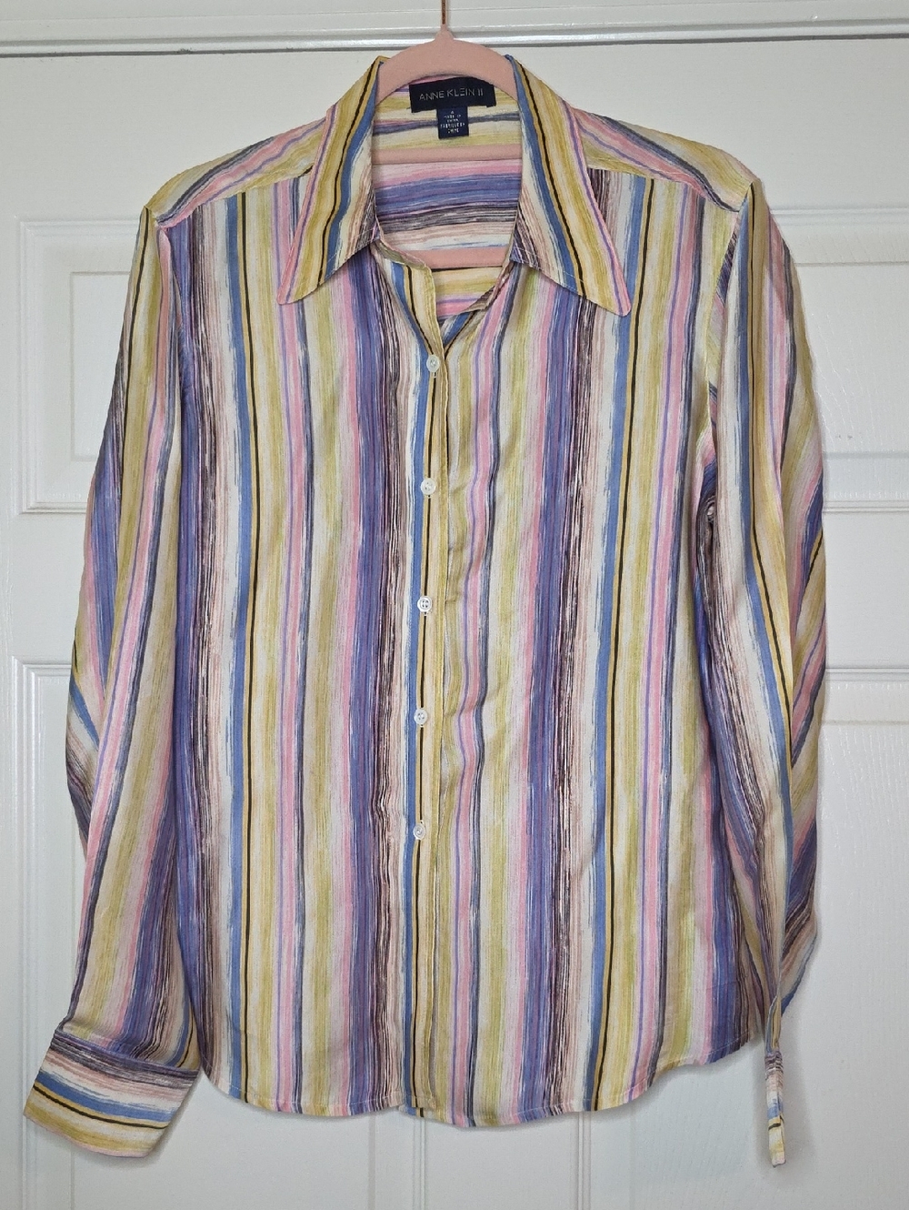Anne Klein II Silk Pastel Multi-Stripe Womens Button-Up Shirt Size 4 Long Sleeve
